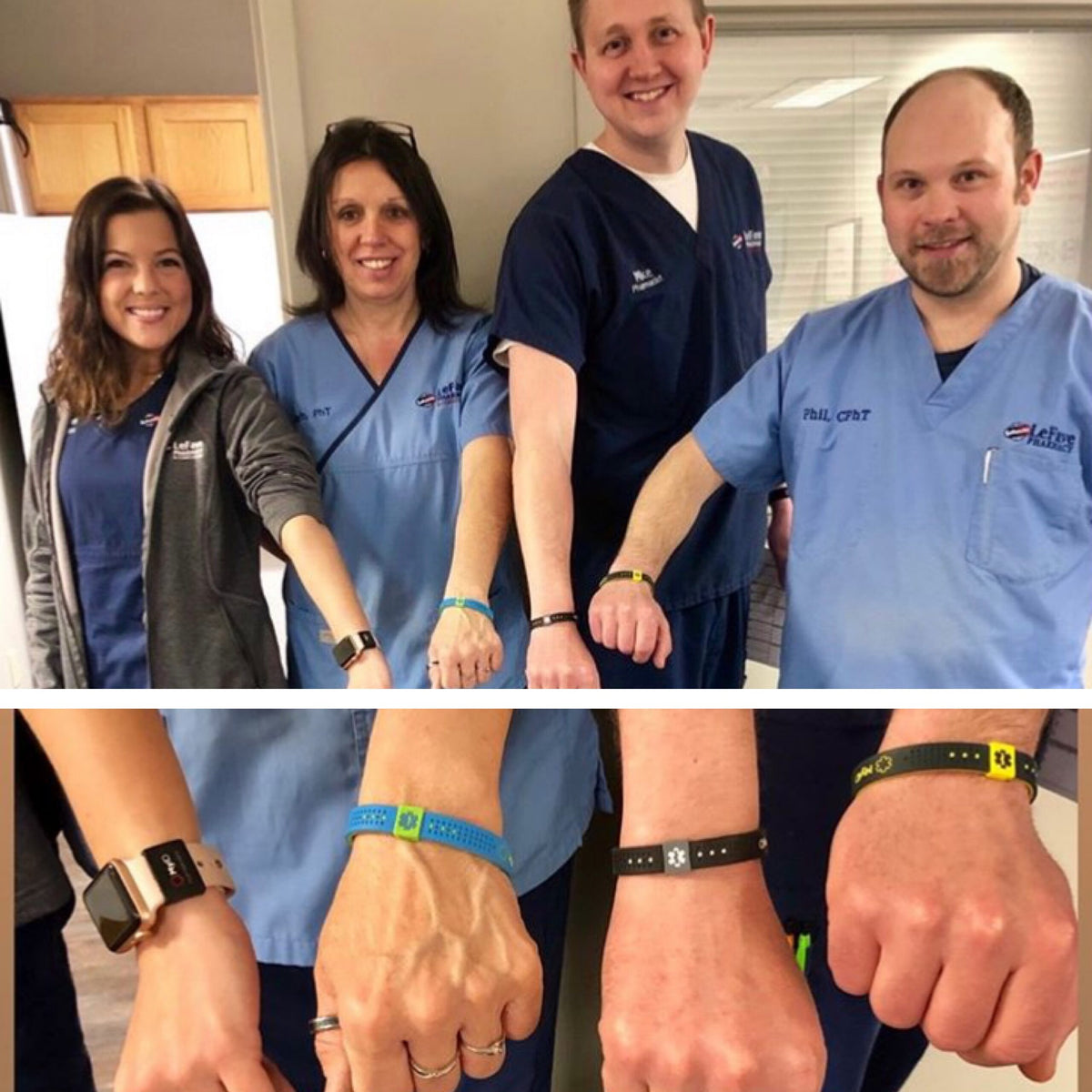 Medical staff showing their MyID medical ID bracelets